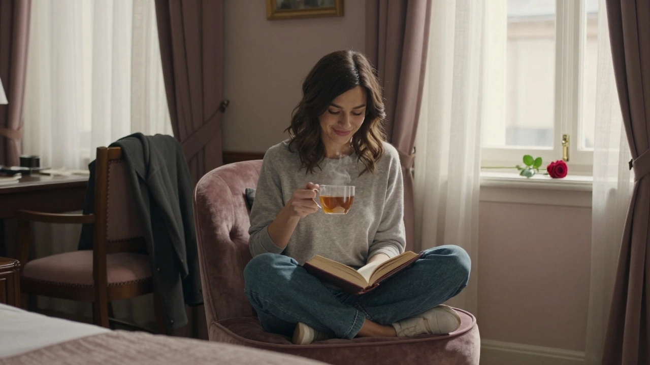 A woman sits comfortably in a softly lit hotel room, smiling beside a book and tea, sunlight through linen curtains.