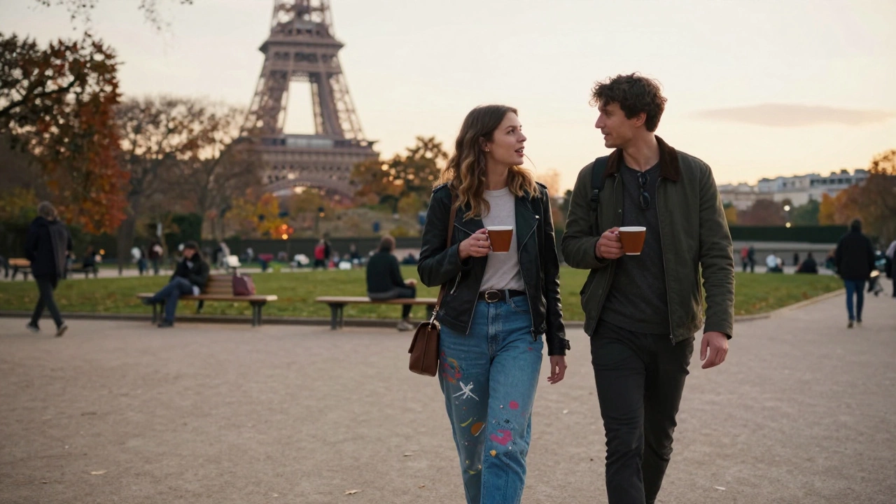 A woman walks through Montparnasse Park at sunset, talking with a companion among autumn leaves.