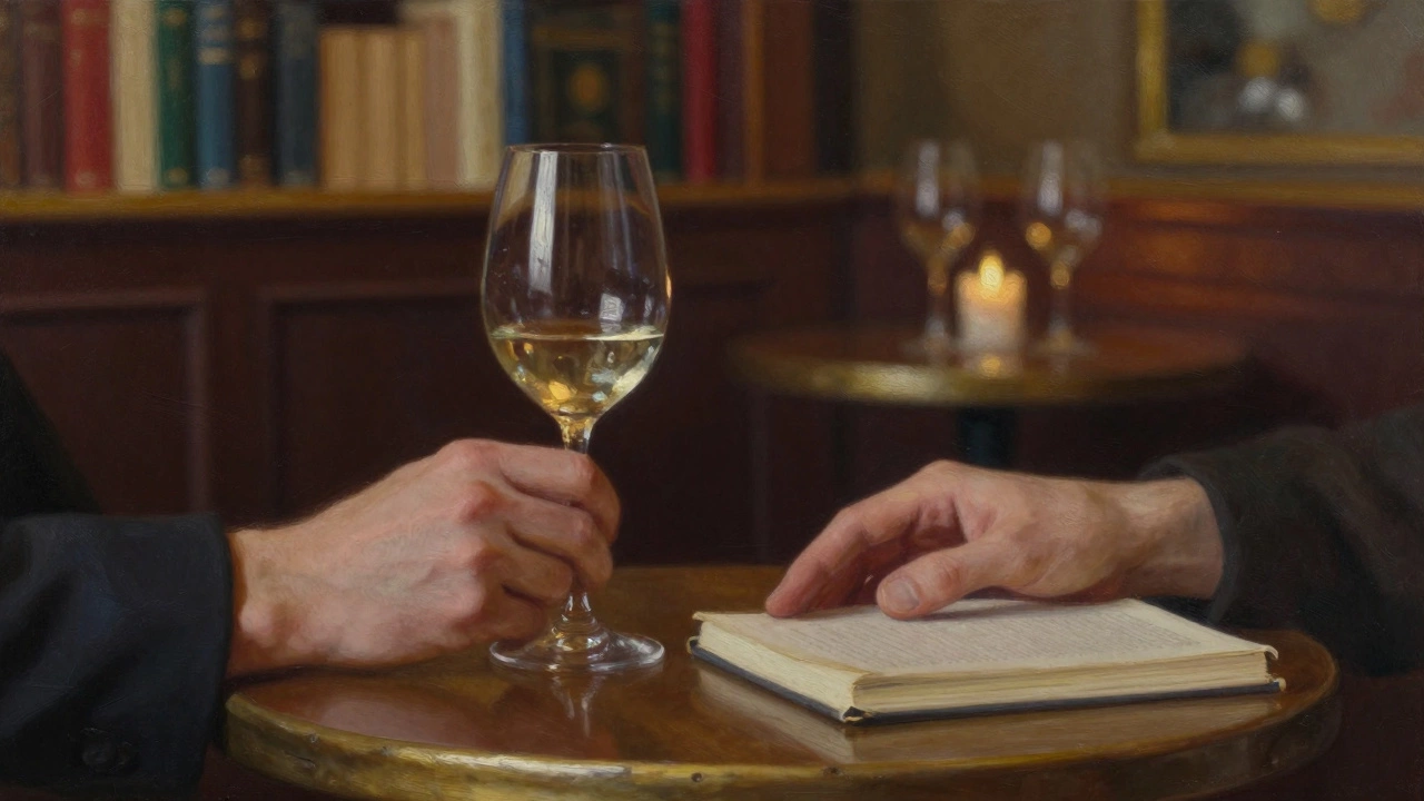 Two hands reach toward each other across a café table with wine and a journal, candlelight casting warm shadows.